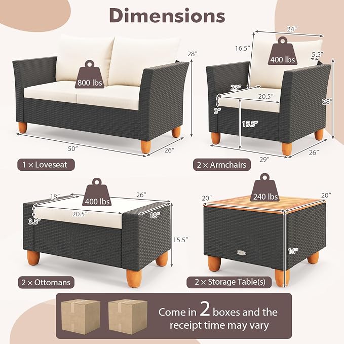 Tangkula 7 Pieces Patio Furniture Set, PE Rattan Sectional Sofa Set with Loveseat, Armchairs, Ottomans & Table, Acacia Wood Tabletop, Outdoor Conversation Set for Porch, Garden & Poolside