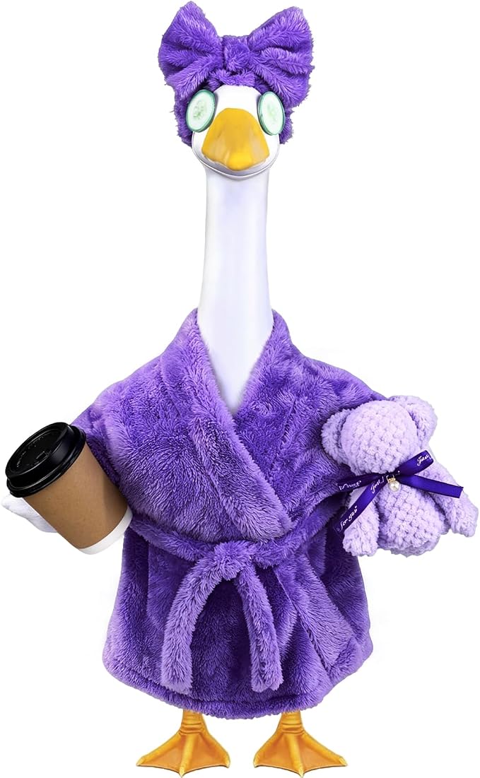 Celltestria Lady Goose Outfits for 23" Geese Purple Bathrobe Porch Goose Costume Coffee Cup Bear Cucumber Eye Mask Goose Clothes for Outdoor Patio Yard Lawn Garden Decoration