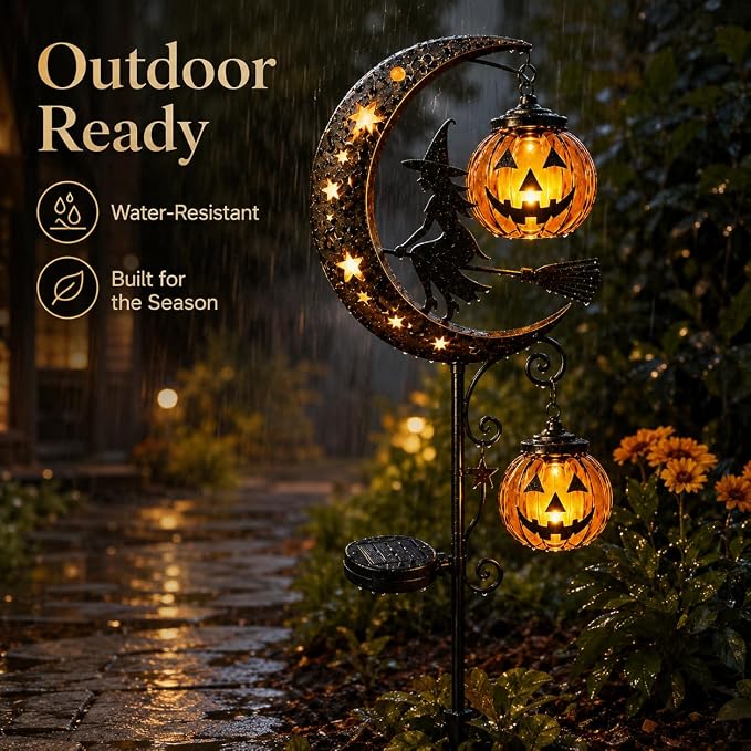 Solar Halloween Black Witch & Pumpkin Moon Garden Stake Light, Outdoor Waterproof LED Yard Decoration with Crescent Moon, Hanging Jack-o'-Lantern Lantern for Garden, Patio, Walkway, Porch(Style E)