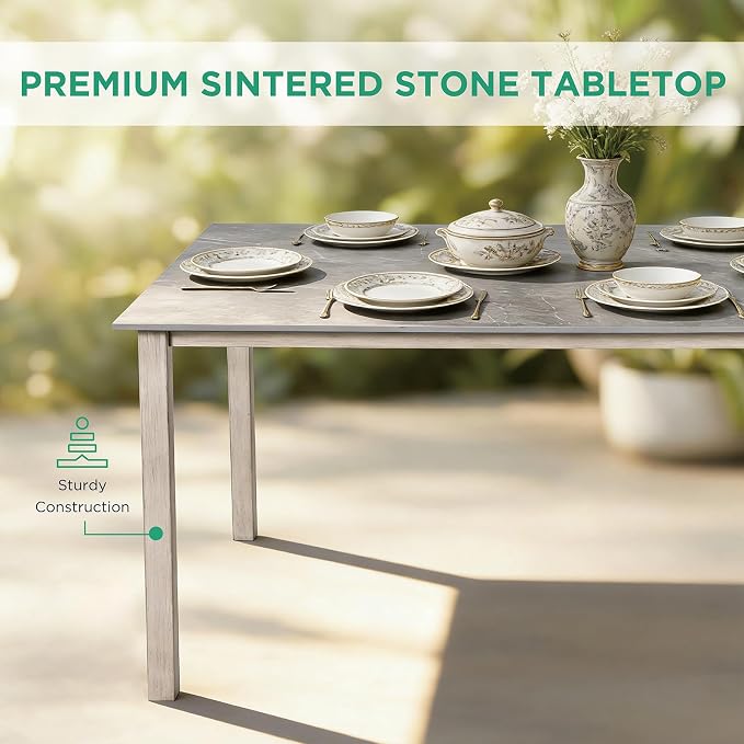 7-Piece Patio Dining Set, Grey Food-Grade Sintered Stone Dining Table with Umbrella Hole, 4 Dining Chairs and 2 Swivel Chairs with Red Removable Thickened Cushions for Garden Lawn Yard