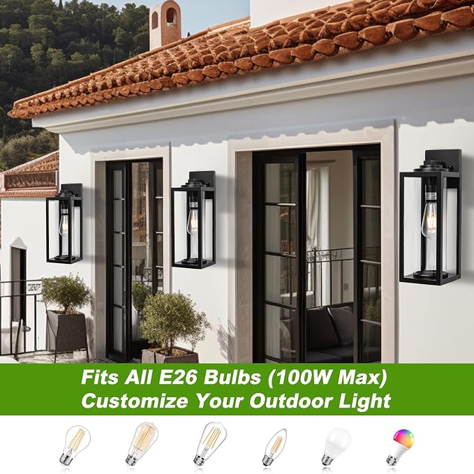 FILIYANO Large Outdoor Wall Lights, 20 Inch,Modern Exterior Fixtures,2 Pack | Anti-Rust, Waterproof, Black Exterior Lantern with Clear Glass, Farmhouse Wall Lighting Sconces for Garage, Porch, Front Door