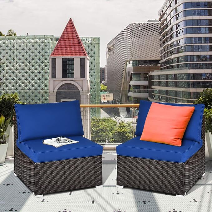 Tangkula 2 PCS Outdoor Wicker Armless Sofa, Patio Rattan Sectional Sofa Set w/2 Thick Seat Cushions and 2 Back Cushions, Additional Seats for Balcony Garden Patio Poolside (Navy Blue)