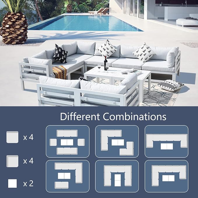 RADIATA 8 Seat Oversized Modern Aluminum Patio Furniture Set, Weather Resistant Modular Sectional Sofa with Coffee Table, 500 lbs Heavy Duty Comfortable Outdoor Couch for Exterior Backyard Deck, White