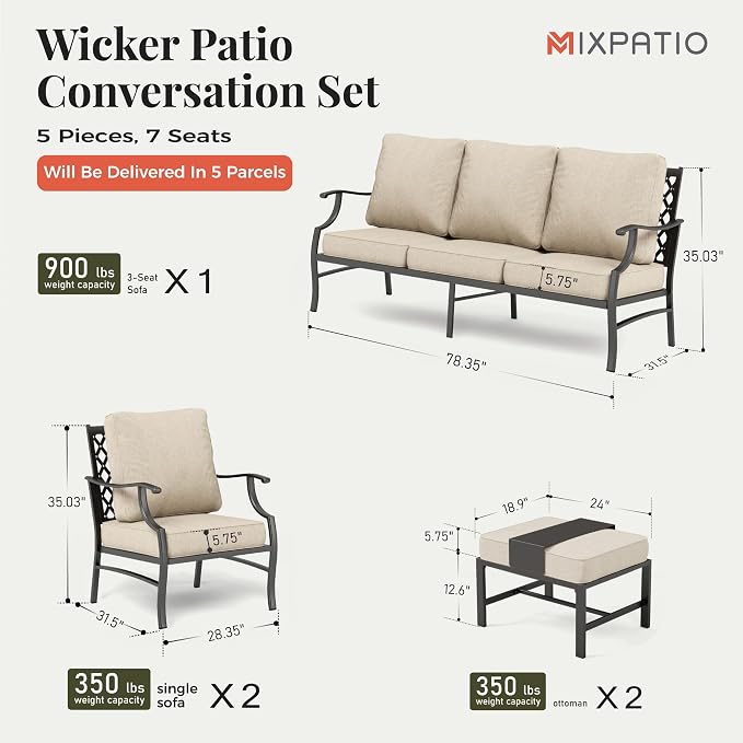 MIXPATIO Patio Furniture Set 5 pcs, Outdoor Patio Furniture, 3-Seat Sofa, 2 Single Chairs, 2 Ottomans and 5.75" Extra Thick Cushion, Patio Conversation Set for Garden Backyard Deck,Beige