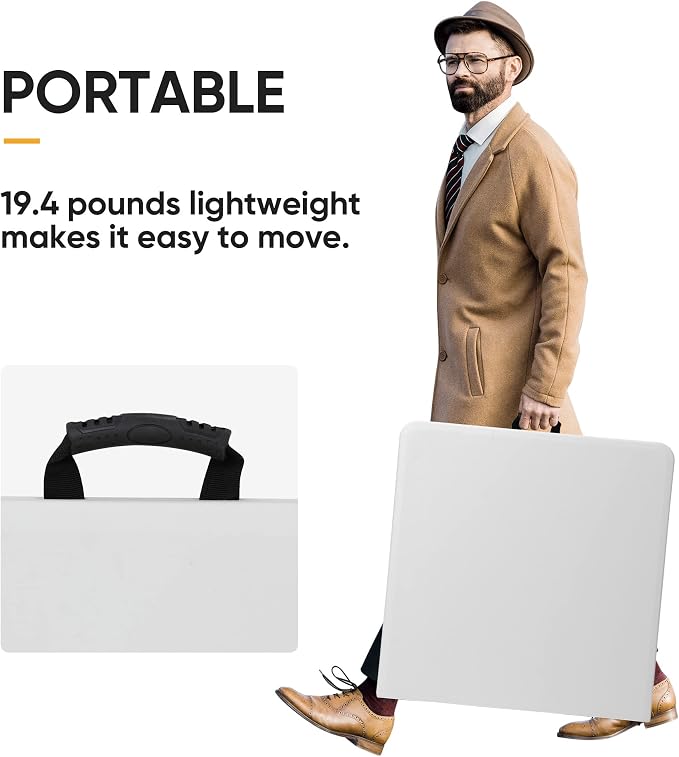 4 FT Folding Table, Fold in Half, Heavy Duty Portable Plastic Table w/Handle for Picnic Party Camping Dining Indoor Outdoor, Lightweight White