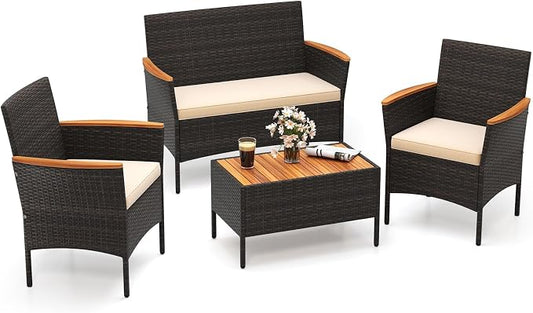 Tangkula 4 Pieces Patio Wicker Sofa Set, 2 Rattan Chairs & Loveseat w/Coffee Table, Acacia Wood Armrests & Tabletop, Outdoor Cushioned Conversation Set for Backyard, Poolside (Beige, 4 Pieces)