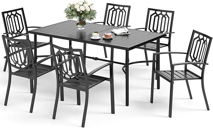 SUNSHINE VALLEY 7 Piece Patio Dining Set for 6, 67x38 Wood-Like Metal Table with Umbrella Hole and 6 Pcs Rust-Proof Stackable Chairs, Outdoor Table and Chairs Set for Backyard Garden Deck (Style 3)