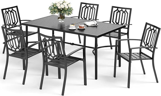 SUNSHINE VALLEY 7 Piece Patio Dining Set for 6, 67x38 Wood-Like Metal Table with Umbrella Hole and 6 Pcs Rust-Proof Stackable Chairs, Outdoor Table and Chairs Set for Backyard Garden Deck (Style 3)