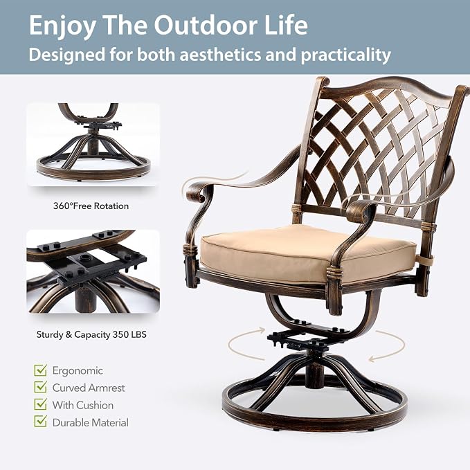 7-Pcs Cast Aluminum Patio Dining Set,59" Rectangular Table,Bronze | Outdoor Furniture Set Include Dining Table, 4 Stackable Chairs & 2 Swivel Chairs with Cushions & Umbrella Hole