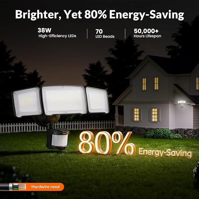 LEPOWER LED Security Light Motion Sensor Outdoor Lights, Bright 38W 4200LM | 72 FT Range, IP65, Easy to Install, 180° Motion Sensor, 5500K, 3 Head Detected Waterproof Flood Light for Garage, Yard, Porch