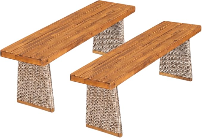 Christopher Knight Home Xavi Patio Acacia Wood Dining Set, Outdoor Side Table and Chairs Set with Slatted Panel Design and Handwoven Rattan Legs, Outdoor Furniture Set for Garden, 3 pcs, Brown + Teak