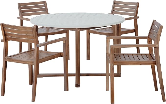 Merax 5-Piece Outdoor Dining Set for 4 People, Weather-Resistant Sturdy Acacia Wood Furniture Sets, 47.2" Round Dining Table, for Patios Garden Poolside Lawn, Light Gray Tabletop+Light Brown Chair