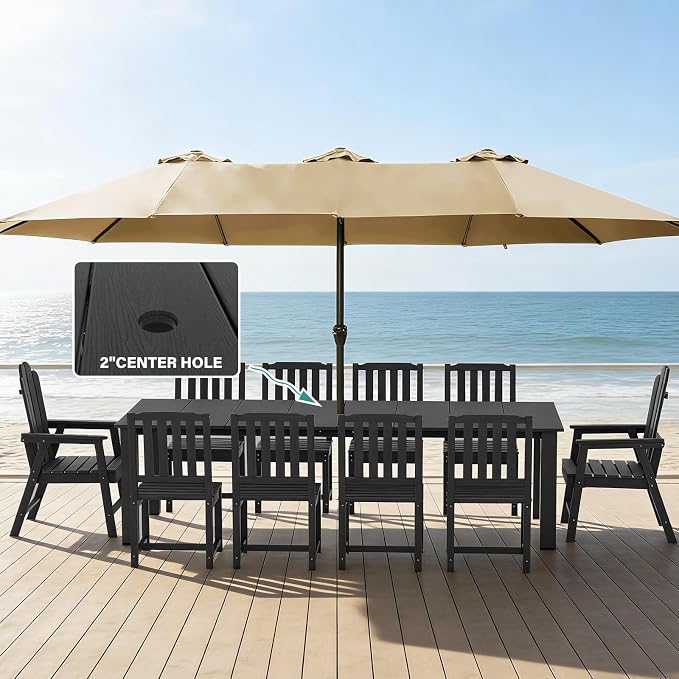 11 Piece Outdoor Dining Set for 10, Patio Table, Chairs Set, Black | 89.4” table,10 person HDPE outdoor dining set, 304 stainless steel, weather resistant up to 10 years for large gatherings