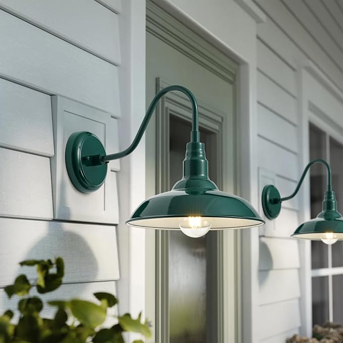 10‘’ Dome Outdoor Gooseneck Barn Light Fixture with Wall Mount, Green Exterior Porch Barn Door Lighting, Farmhouse Style Outside Shed Gooseneck Wall Sconce for Patio, Yard, Garage, House