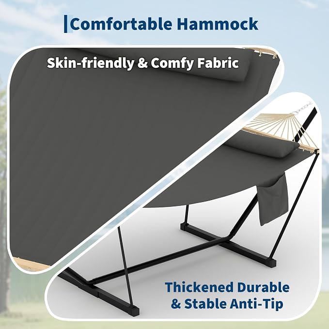 2-Person Hammock with Stand for Outside - Portable Heavy Duty Outdoor Double Hammock - Adjustable Steel Frame, 500 LBS Capacity, for Patio Garden Backyard & Beach
