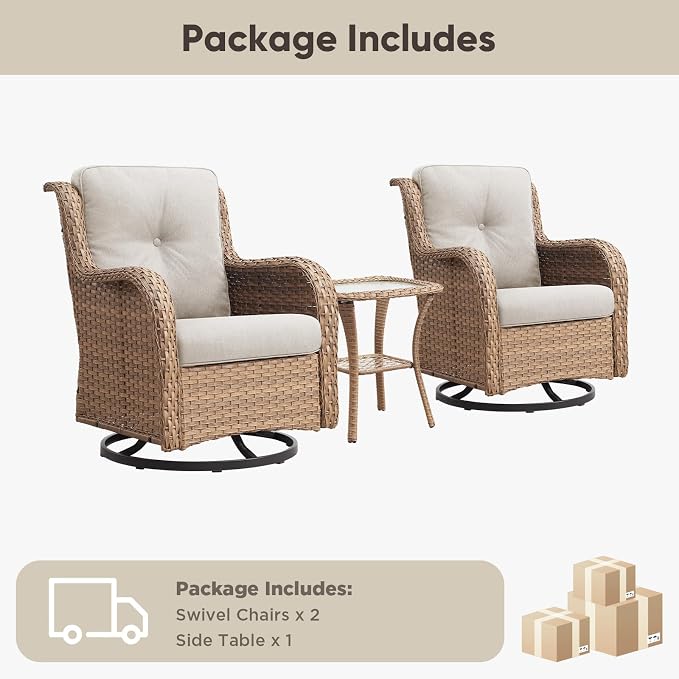 Belord Patio Wicker Chairs Swivel Rocker,Outdoor Patio Furniture Set with Rattan Side Table, All Weather Conversation Set for Porch Poolside Balcony, Yellow Wicker/Beige