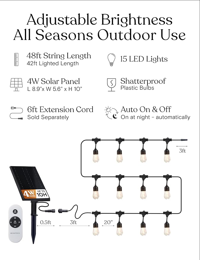 Brightech Solar String Lights with 32 Hanging Edison Bulbs and Brightness Controls with Remote 7W-104 3000K