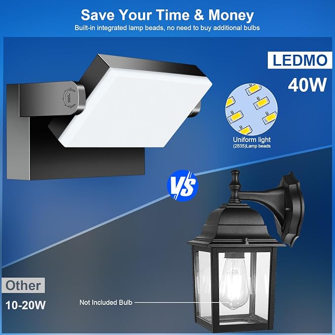 ledmo Outdoor LED Flood Lights - 60W Black 360 Adjustable Head Exterior Lighting Fixture 5000K Waterproof Wall Mount Yard Lights Switch Control Wall Lights for House,Patio,Barn,Shop,Garage 6 Pack