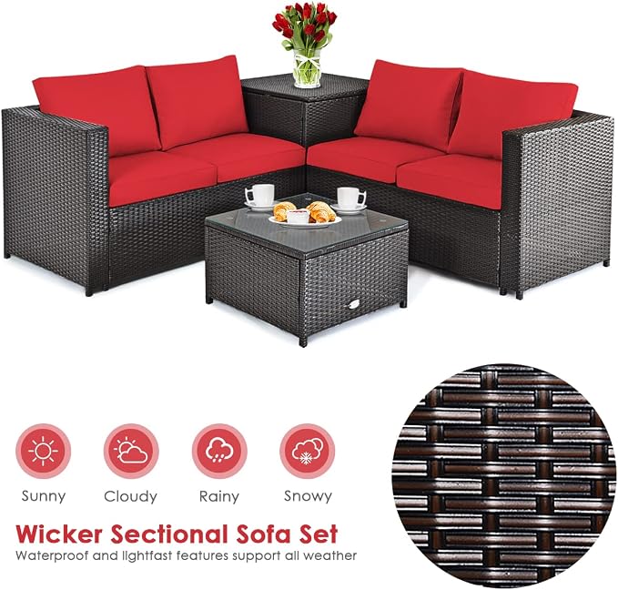 DORTALA 8 Pieces Outdoor Patio Furniture Set, Weather Resistant PE Rattan Conversation Set with Loveseats, Outdoor Sectional Sofa Set with Comfy Cushions for Garden and Poolside, Red