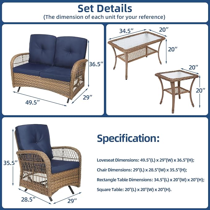 5-Piece Wicker Patio Furniture Sets Outdoor All-Weather Rattan Conversation Set Includes Glider Loveseat, 2 Glass-Top Coffee Tables, 2 Glider Rocker Chairs for Porch Backyard, Navy Blue