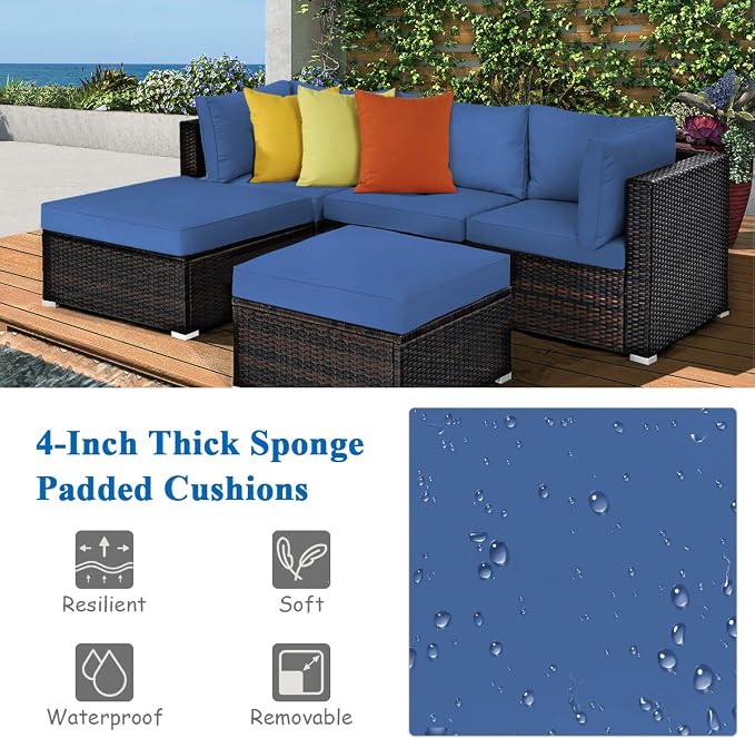 COSTWAY 5-Piece Outdoor Patio Furniture Set, PE Rattan Sectional Conversation Set with Cushions and 2 Ottomans for Garden, Deck, Backyard (Navy)