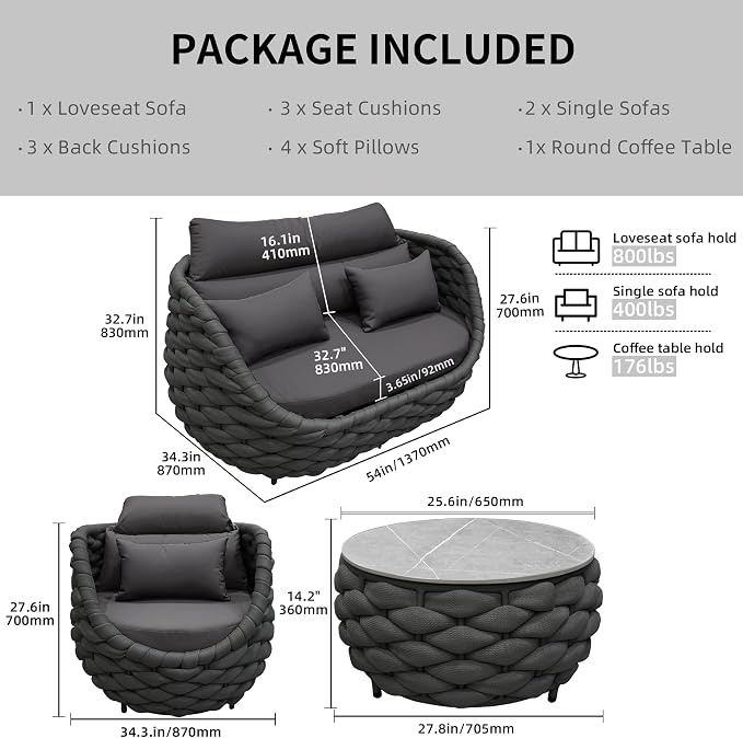 TWT Patio Furniture Set 4 Pieces Aluminum Outdoor Furniture w/27.8in Coffee Table,Patio Conversation Set with Hand Woven Polyester Rope for Backyard Garden Poolside,Dark Gray