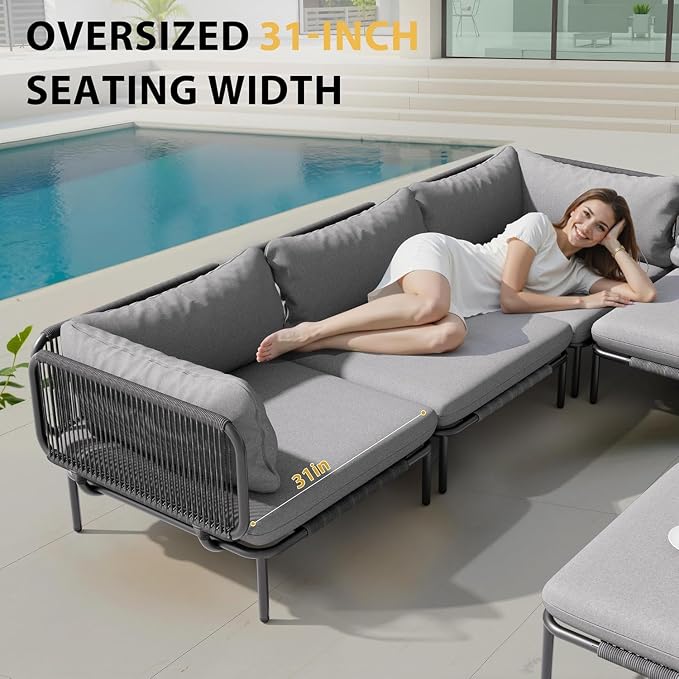 8 Piece Modern Outdoor Sectional Sofa, 31" Oversized Patio Furniture Set with Olefin Woven Rope, Weather-Resistant Metal Frame and Removable Cushion, Dark Grey