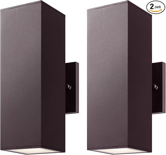 mirrea 12" Modern Outdoor Porch Light, 2 Lights, Oil Rubbed Bronze, 2 Pack | Patio wall sconce, aluminum rectangular tube, tempered glass, waterproof. Up & down lighting for outdoor wall mount fixture.