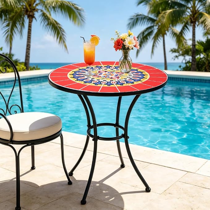 24 Inch Mosaic Patio Round Side Table with Ring Curved Legs Indoor and Outdoor Accent End Table for Yard, Garden, Living Room, Bistro, A - Red Mandala