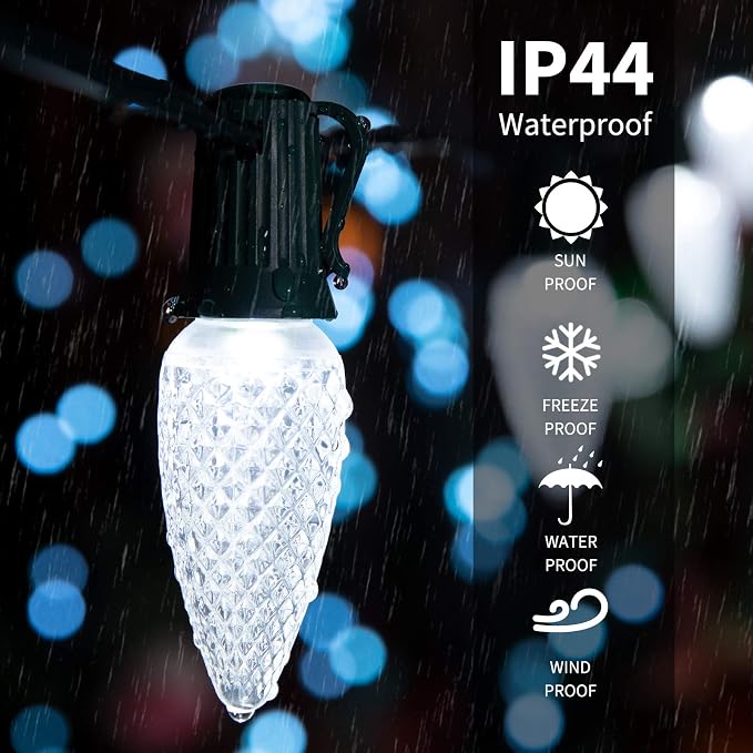 C9 Christmas String Lights Outdoor 50 Feet Led Christmas Lights, 50+2(Spare) Strawberry Bulbs Connectable UL Certified for Indoor Outdoor Roofline Patio Holiday Party Backyard Xmas Decor Pure White