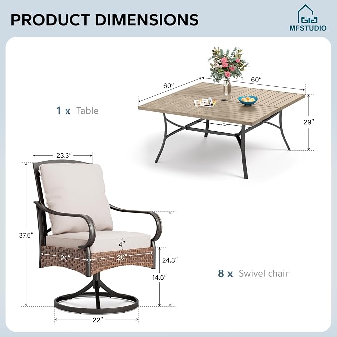 MFSTUDIO 9 Piece Outdoor Dining Sets, Patio Dining Set for 8, Patio Square Table with Swivel Chairs, Outdoor Table and Chairs for 8, Wood-Like Metal Dining Table Set, 1.57-1.9'' Umbrella Hole