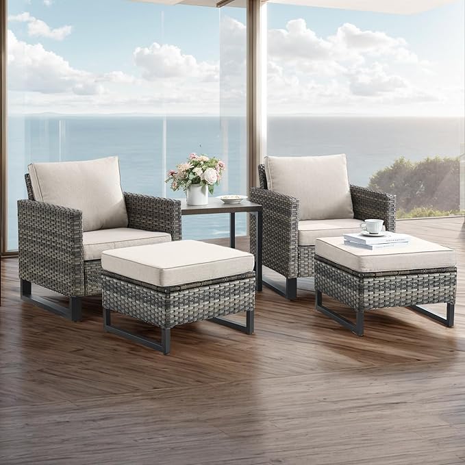 Rilyson Luxury Wicker Outdoor Patio Furniture Set of 5-5 Piece Patio Conversation Set with Ottoman*2, Wicker Chairs*2, Metal Side Table*1 for Outside Porch Deck Backyard Garden(Mixed Grey/Beige)