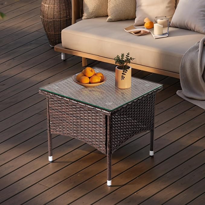 20" Square Patio Side Table,Small Outdoor Wicker End Tables,All-Weather Rattan Coffee Table,Bistro Dining Tables,with Glass Tabletop,for Lawn Garden Backyard Deck Porch Poolside Balcony (Brown)