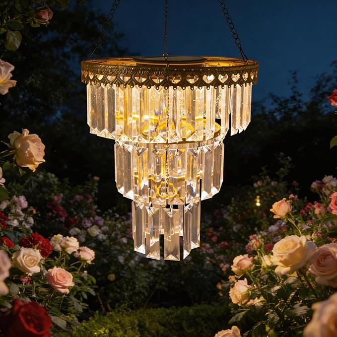 Solar Hanging Crystal Chandelier Vintage Outdoor Garden Decor Light | Waterproof metal frame with warm white LED and powerful battery elegant illumination to patio, gazebo, party, tree, wedding