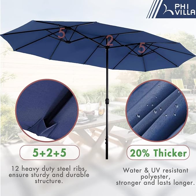 PHI VILLA 7 Pcs Patio Dining Set w/Umbrella, 6 Stackable Chairs | 60” Rectangular Metal Dining Table & 6 Stackable Metal Chairs & 13ft Large Navy Umbrella for Outdoor, Deck, Yard, Porch