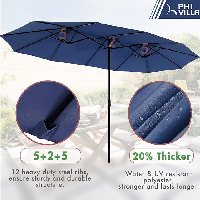 PHI VILLA 7-Piece Patio Set with 13ft Blue Umbrella, 6 Rattan Chairs | 60" rectangular metal table, 6 cushioned rattan wicker chairs, and 13ft blue umbrella. Ideal for patio, deck, yard, or porch