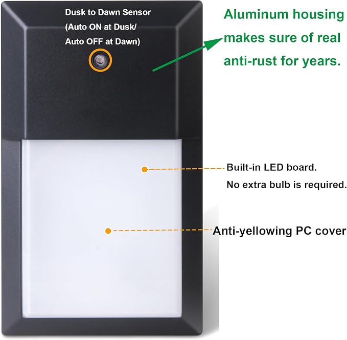 Outdoor Porch Light, LED Wall Sconce, Rustproof Aluminum | Dusk to Dawn Modern Exterior Wall Light Fixture for House, Patio, Garage, 12W 1000 Lumen, Waterproof, 3000K, Black, 1 Pack
