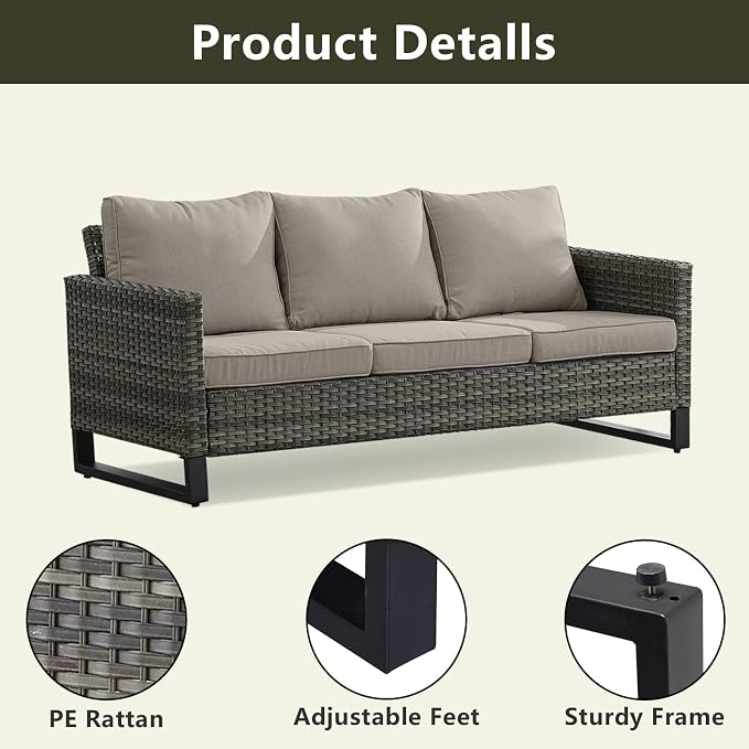 Luxury Wicker Outdoor Couch Patio Sofa - 3 Seater Rattan Outdoor Patio Couch Water Resistant,Comfortable Cushions and Sturdy Metal Frame for Outside Porch Deck Backyard Garden(Mixed Grey/Grey)