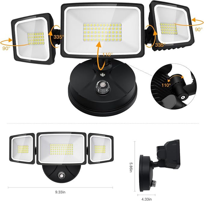 Onforu 80W Dusk to Dawn Outdoor Lighting,8000LM Black Flood Lights Outdoor,IP65 Waterproof Exterior Security LED Light,3 Adjustable Heads Photocell Light Fixture,6500K Floodlight for Garage,Patio,Yard