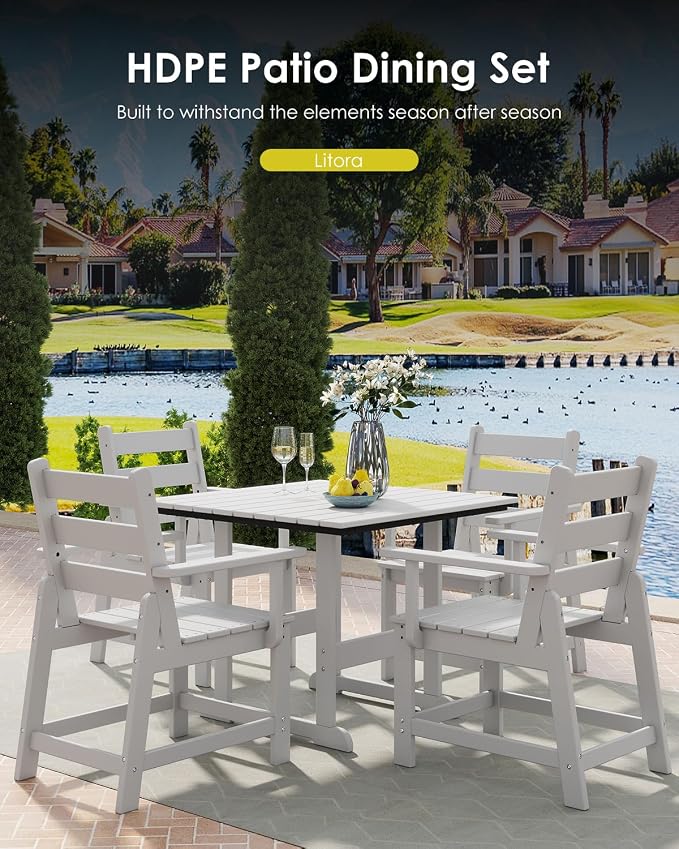 GREENVINES 5-Piece-Outdoor-Dining-Set | HDPE | Square | Patio Furniture | All Weather | Removable Armrests | Slatted Table and Chairs Sets for 4 | for Backyard Poolside Garden | White