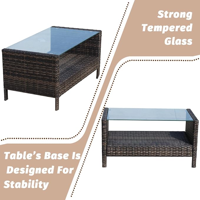 Outdoor Rattan Patio Side Tables, Wicker Table with Clear Tempered Glass Top, Patio End Tables with Storage Shelf, Outdoor Small Tables for Patio,Porch,Balcony,Backyard (Brown, 34.60 Inch)