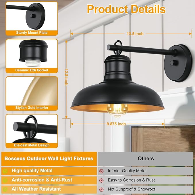 Outdoor Wall Lights, Black and Gold Indoor Outdoor Barn Lights | E26 Socket, Anti-Rust Waterproof Exterior Lighting Fixtures for House Patio Porch Doorway(2 Pack)