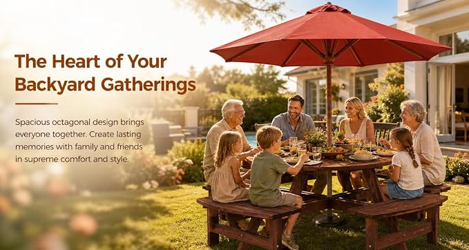8 Person Picnic Table Round Outdoor Dining Table with Umbrella Hole,4 Built-in Benches,Wooden Outside Picnic Tables and Bench Set for Garden,Patio, Backyard,2220LBS Total Capacity,Walnut Brown