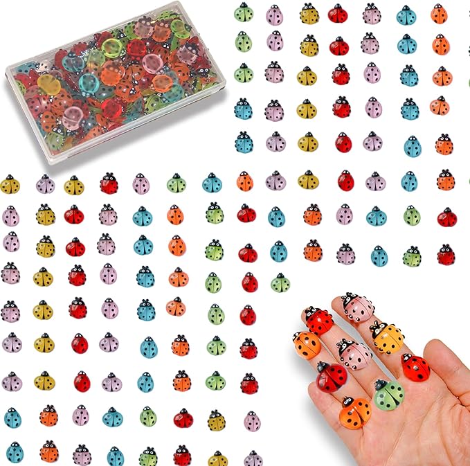 100 Pieces Mini Resin Ladybug Flatback Charms with Storage Box, Multicolor | Glow-in-the-Dark, Waterproof, Fade Resistant, Ideal for Fairy Gardens, DIY Craft, Home Decor, Mini Micro Landscape Ornaments