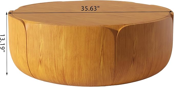 35.63" Round Outdoor Indoor Coffee Table - Modern Wood Grain Drum Center Table, Sturdy MGO Waterproof, No-Assembly Table for Patio, Garden, Backyard, Living Room