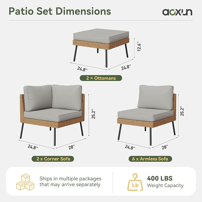 Aoxun 10 Piece Patio Furniture Set, 10 Seats Outdoor Sectional Sofas with Thick Cushion, Wicker Outdoor Patio Furniture Set with Ottomans for Party, Garden, Backyard, Grey