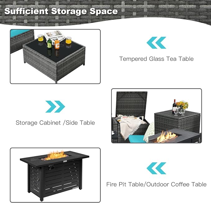 Tangkula 9 Pieces Patio Rattan Furniture Set, Patiojoy Sectional Sofa Set w/Storage Box, Coffee Table, Outdoor Wicker Conversation Set w/ 42” ETL Approved Propane Fire Pit Table (Turquoise)