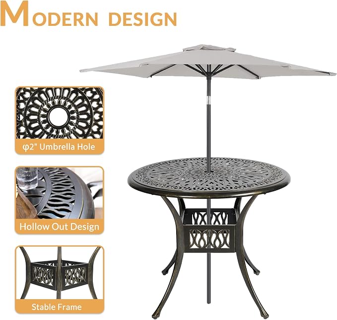 3-Piece Outdoor Patio Dining Set, All-Weather Cast Aluminum Patio Furniture Set for Backyard Garden Deck with 2 Cushioned Chairs and 35.4” Round Table, 2" Umbrella Hole, Chili Red