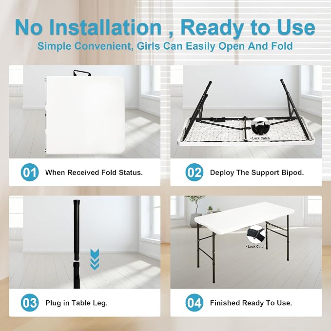 Bblife 4ft Portable Folding White Event Table, Plastic Pinic Camping Table wiht 2 Adjustable Heights, Indoor Outdoor Heavy Duty Utility Table with Carry Handle, White