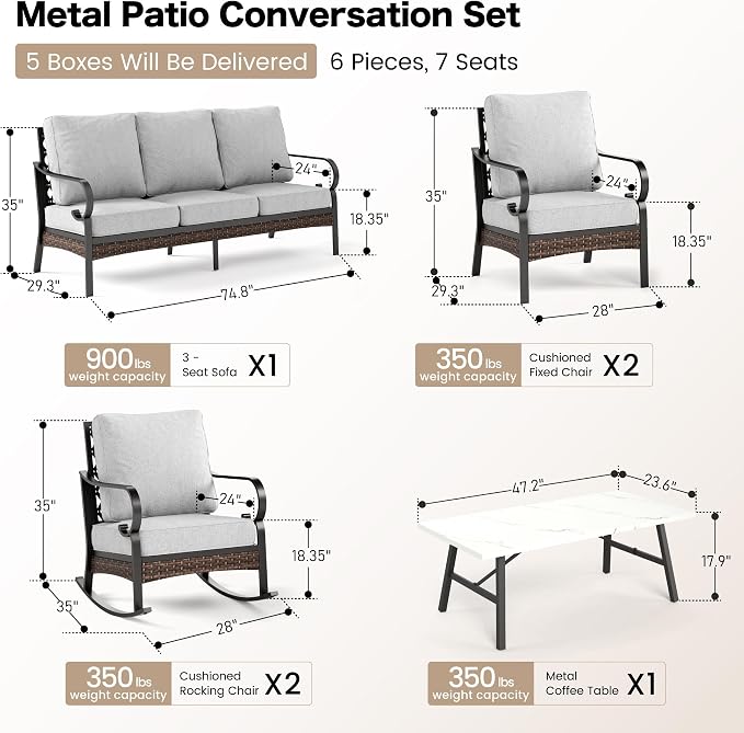 SUNSHINE VALLEY 6 Piece Metal Outdoor Patio Furniture Set, Patio Conversation Set with 1 3-Seater and 2 Fixed Sofas, 2 Rocking Sofas with 5.75" Cushion & Coffee Table, Black and Light Gray
